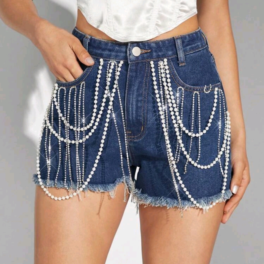 🚨 SALE 🚨 Women's dark blue denim pearl rhinestone drip shorts